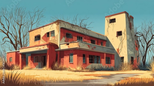 Abandoned dilapidated multi-story building with broken and overgrown grass in rural area