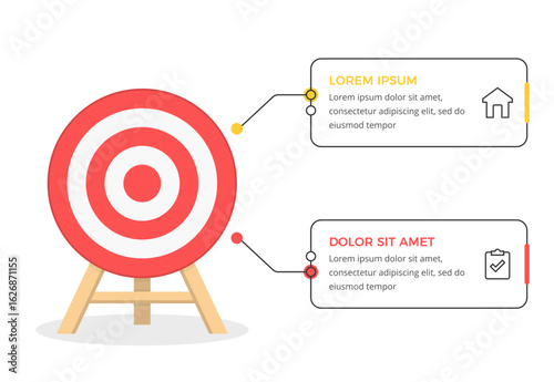 Business infographic showing red target with wooden stand connected to two information boxes, goal achievement and strategy presentation concept
