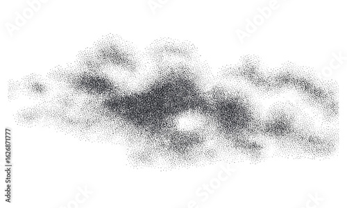Organic monochrome cloud shape formed by compact pixel dots and grain texture. Grunge 8-bit dither pattern with digital static vibe. Vector illustration, halftone, vintage noise effect