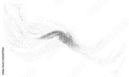 Abstract fluid composition of monochrome stippled trail with dispersed dot wave and mist texture. Floating grain particles create grainy overlay effect. Vector illustration, retro background design