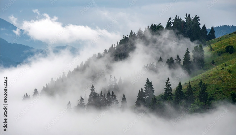 Fototapeta premium Majestic mountain range illuminated by golden sunlight, framed by a dense forest.
