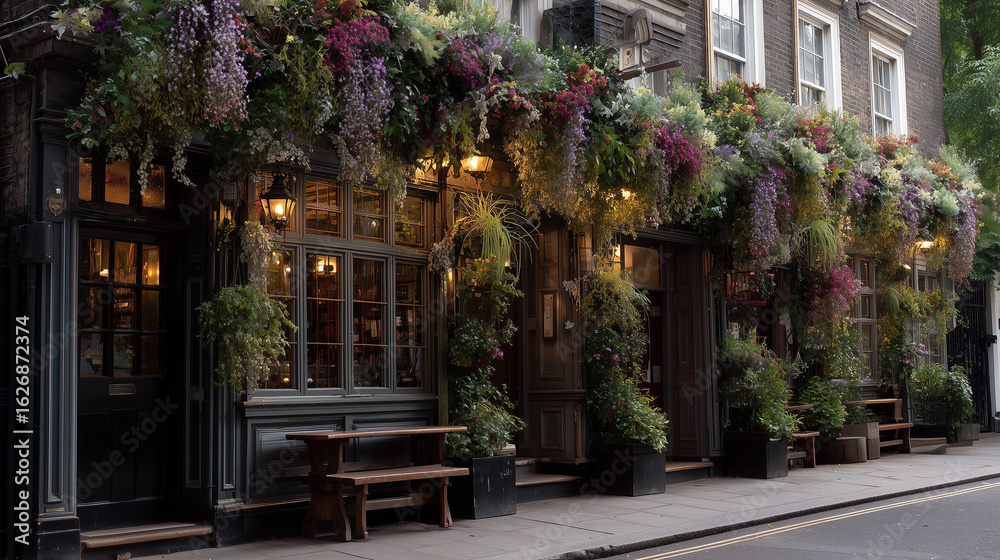 Obraz premium Traditional pub exterior with hanging plants