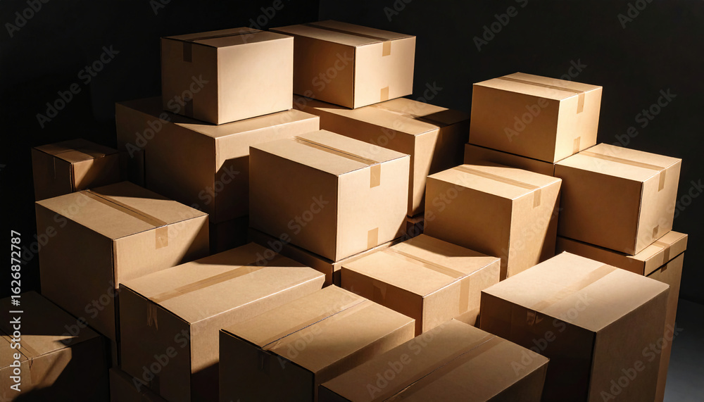 A large pile of sealed brown cardboard boxes stacked in a dark corner, symbolizing moving, shipping, and the concept of logistics and storage. A large pile of sealed brown cardboard boxes stacked in a dark corner, symbolizing moving, shipping, and the concept of logistics and storage.