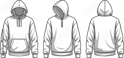 Hooded sweatshirt front view, half-zip hoodie, drawstring hood, sweatshirt back view, fashion sketch, garment design, clothing illustration, casual wear, hoodie details, sweatshirt angles