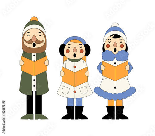 Three cartoon characters singing Christmas carols wearing winter hats and coats holding songbooks, festive holiday scene