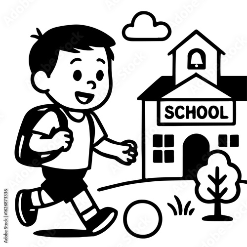 Happy School Boy Walking to School - Black and White Vector