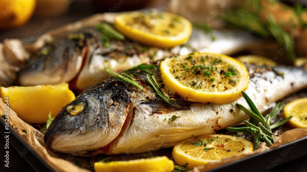 A beautifully prepared fish rests on a baking tray, garnished with lemon slices and fresh herbs. The dish showcases vibrant colors, inviting flavors, and a home-cooked feel. A beautifully prepared fish rests on a baking tray, garnished with lemon slices and fresh herbs. The dish showcases vibrant colors, inviting flavors, and a home-cooked feel.