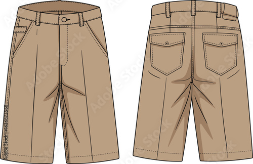 Khaki shorts front, back view, button zipper closure, belt loops, side pockets, stitched seams, knee-length, fashion template, illustration