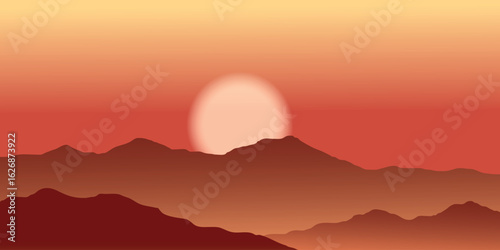 sunset over a mountainous landscape. The sun is orange and pink in color, and the sky is shifting from yellow to red. The mountains have several layers of silhouettes in shades of brown and red.