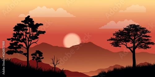 sunset over a mountainous landscape with a few white clouds in the sky. In the foreground are silhouettes of trees, and the mountains have several layers