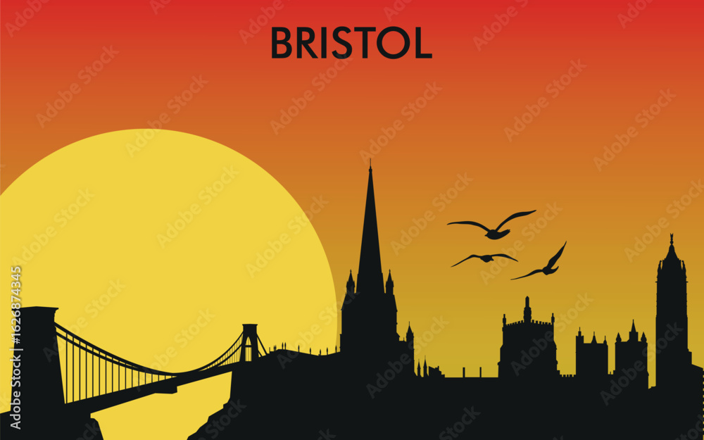 Obraz premium a stylized Silhouette of Bristol at sunset: skyscrapers, birds, gradient from orange to yellow. 
