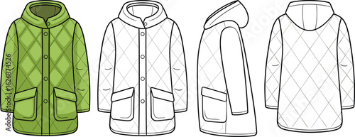 Quilted jacket front, side, back view, green and monochrome, hooded outerwear, button closure, winter fashion, apparel design