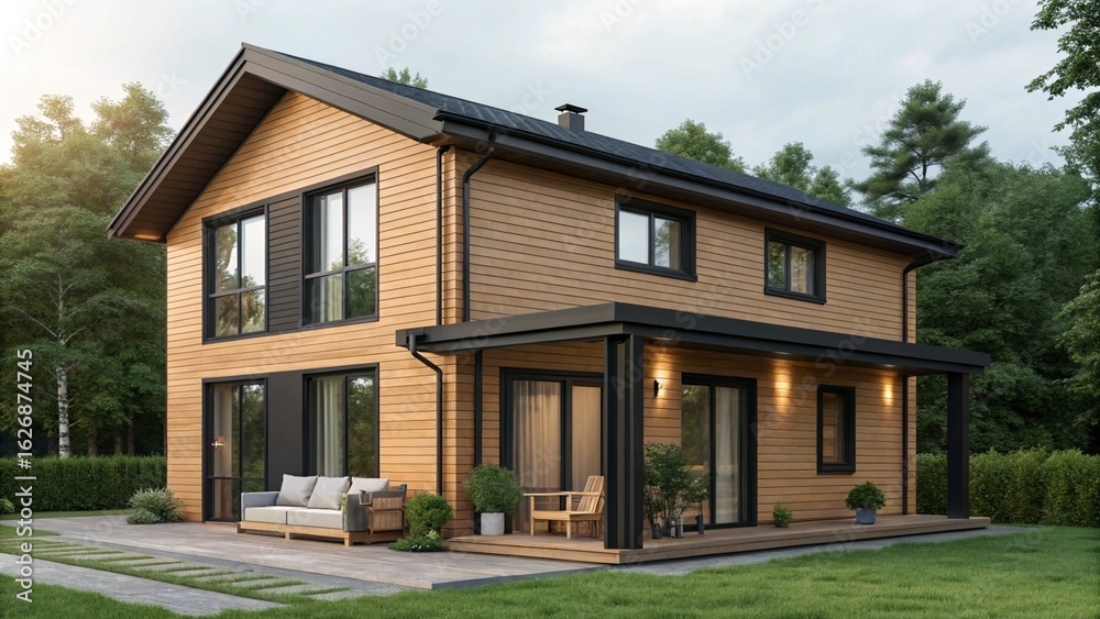 This photograph shows a beautiful, newly built wooden house with a covered patio area, perfect for outdoor relaxation This photograph shows a beautiful, newly built wooden house with a covered patio area, perfect for outdoor relaxation