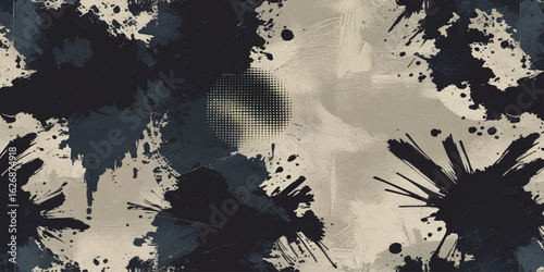 Abstract Patterns of white paint from a brush on a black texture and Dynamic brush strokes and a spacious central area, evoking creativity and depth. 