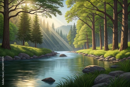 Sunlight streams through a lush forest, illuminating a serene river and its rocky banks