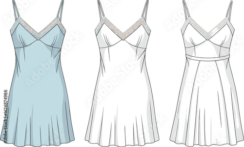 Sleeveless dresses front view, lace detail, V-neckline, thin straps, fitted bodice, flared skirt, waistband, fashion design, clothing template