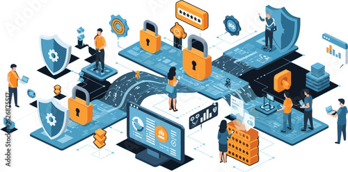 Isometric illustration of cybersecurity with people and data flow on a dark background