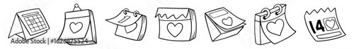 Collection of hand-drawn calendars featuring hearts and the number 14, symbolizing love and important dates