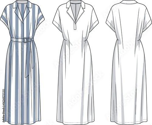 Striped dress front view, plain white dress, dress back view, collared dress, short sleeve dress, belted waist, fashion sketch, garment illustration, clothing design, sewing pattern reference