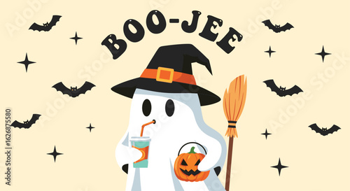 Spooky Ghost Enjoying Halloween Treats and Bat Companions