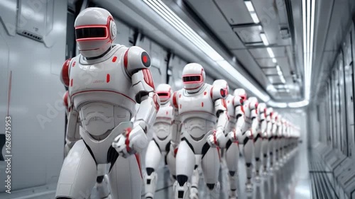 Robot Army Marching Forward: A phalanx of gleaming robots, with red accents and sleek designs, marches confidently down a futuristic corridor, symbolizing innovation and technological advancement.