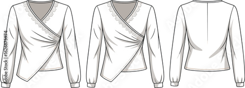 White wrap blouse with lace trim, V-neck long sleeve top, pleated front, fashion garment, back seam detail, elegant design