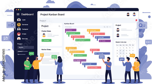 People interacting with a project kanban board dashboard on a large screen interface