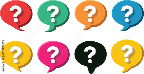 Set of colorful speech bubbles with question marks representing inquiry, communication, and frequently asked questions. 3D vector icons.