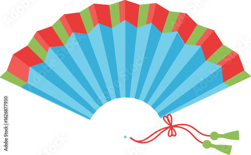 A brightly colored traditional japanese folding fan with red and green accents and a red tassel with green accents isolated on a white background