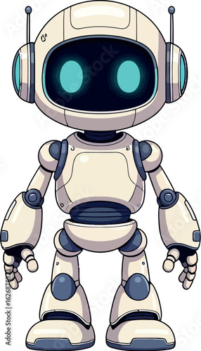Friendly cartoon robot with bright blue glowing eyes and antennae standing on a white background showcasing its futuristic design and helpful personality