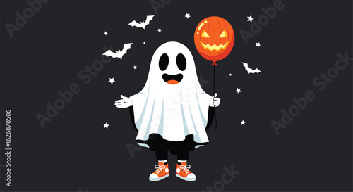 Cute Ghost With Pumpkin Balloon And Bats Flying For Halloween Night
