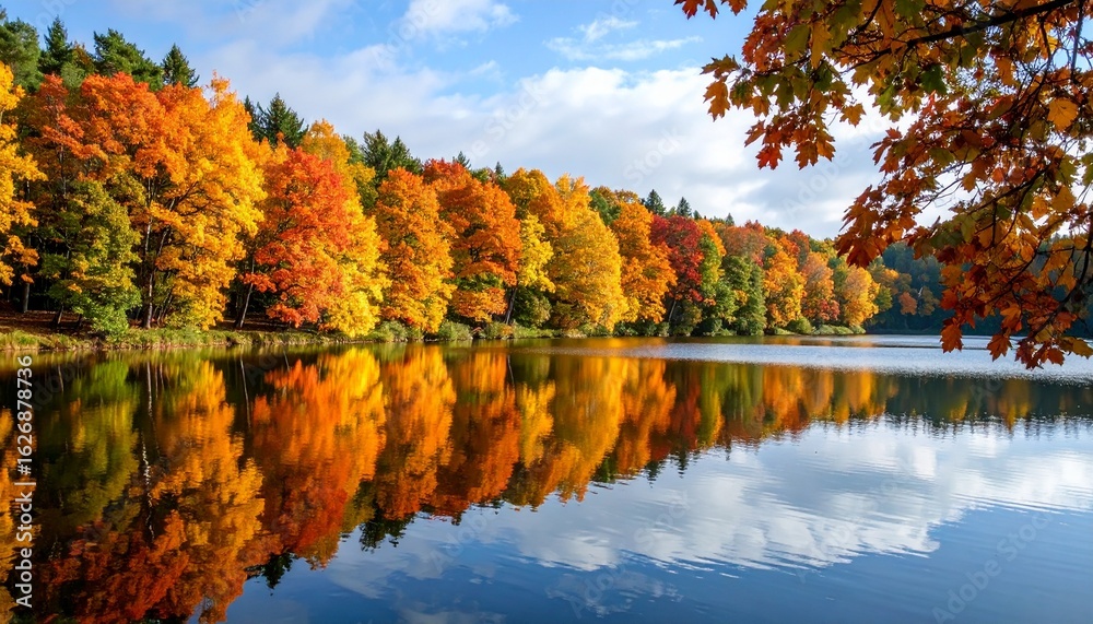 Obraz premium Autumn landscape featuring vibrant fall foliage reflected in a calm lake under a partly cloudy sky.