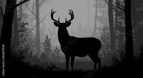 Silhouette of a Majestic Deer in a Forest Antlers Prominent.
