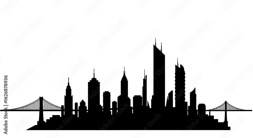 Fototapeta premium Black Silhouette of a City Skyline with Bridges and Skyscrapers.