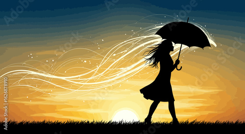Silhouette of a Woman with Umbrella at Sunset.