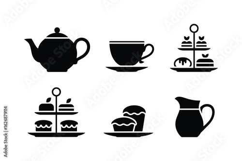 Black silhouette icons of tea service and pastries tea pot saucer