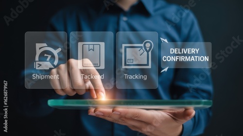 Person interacting with digital interface for package delivery confirmation and tracking