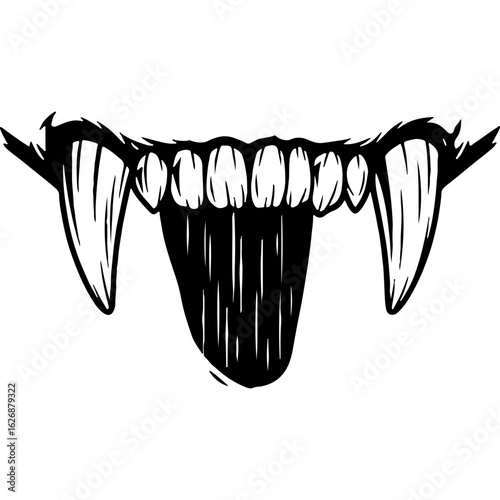 Halloween Horror Vampire Fangs and Tongue Graphic Illustration. Spooky Monster Teeth for Creepy Design Assets