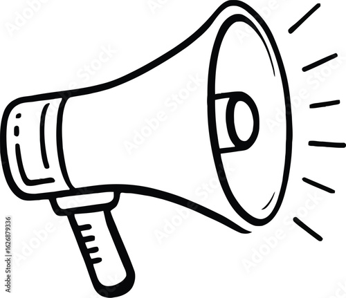 Megaphone Icon – Black and White Vector Illustration Featuring Classic Loudspeaker with Sound Lines in Minimal Style for Communication, Announcement, and Public Speaking Themes