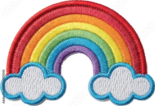 Vibrant embroidered rainbow with fluffy white clouds on a transparent background symbolizing hope dreams and good luck in a cheerful design