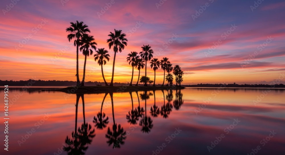 Tropical Sunset Palms: The vibrant sky with a breathtaking sunset casts a vivid glow over the water. Palm trees line a tranquil shore. Tropical Sunset Palms: The vibrant sky with a breathtaking sunset casts a vivid glow over the water. Palm trees line a tranquil shore.