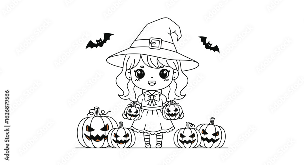 Fototapeta premium Cute Halloween Witch and Pumpkins Coloring Page for Kids