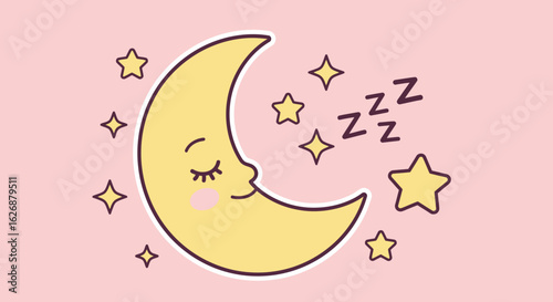 Cartoon Sleeping Moon with Stars and Sleep Zs on Pink Background.