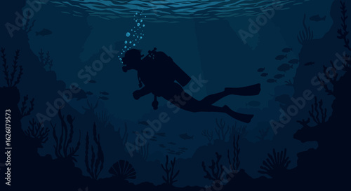 Silhouette of a Scuba Diver Exploring Underwater Reefs and Marine Life.