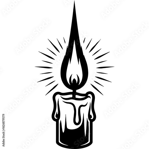 Monochromatic Vintage Lit Candle Vector Illustration with Radiant Glow. Spooky Light, Dripping Wax for Halloween and Mystery Designs