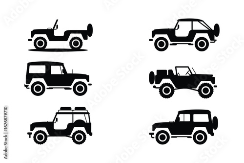 Black silhouettes of off road vehicles and S U Vs SUVs transportation