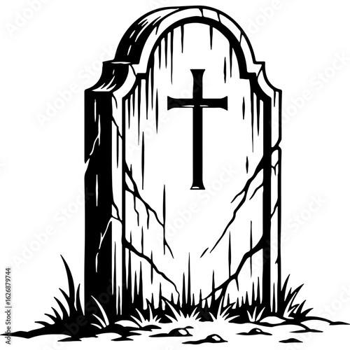 Spooky weathered tombstone with cross, black and white vector illustration for Halloween decor, haunted graveyard, or cemetery design element