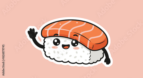 Cute Waving Salmon Nigiri Sushi Cartoon Character Illustration.