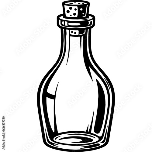Spooky empty potion bottle illustration for Halloween. Vintage glass flask with cork stopper, magic elixir container, witchcraft accessory.