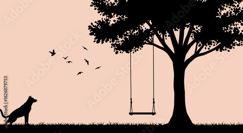 Silhouette of a Tree with Swing Birds and Dog in a Peaceful Scene.